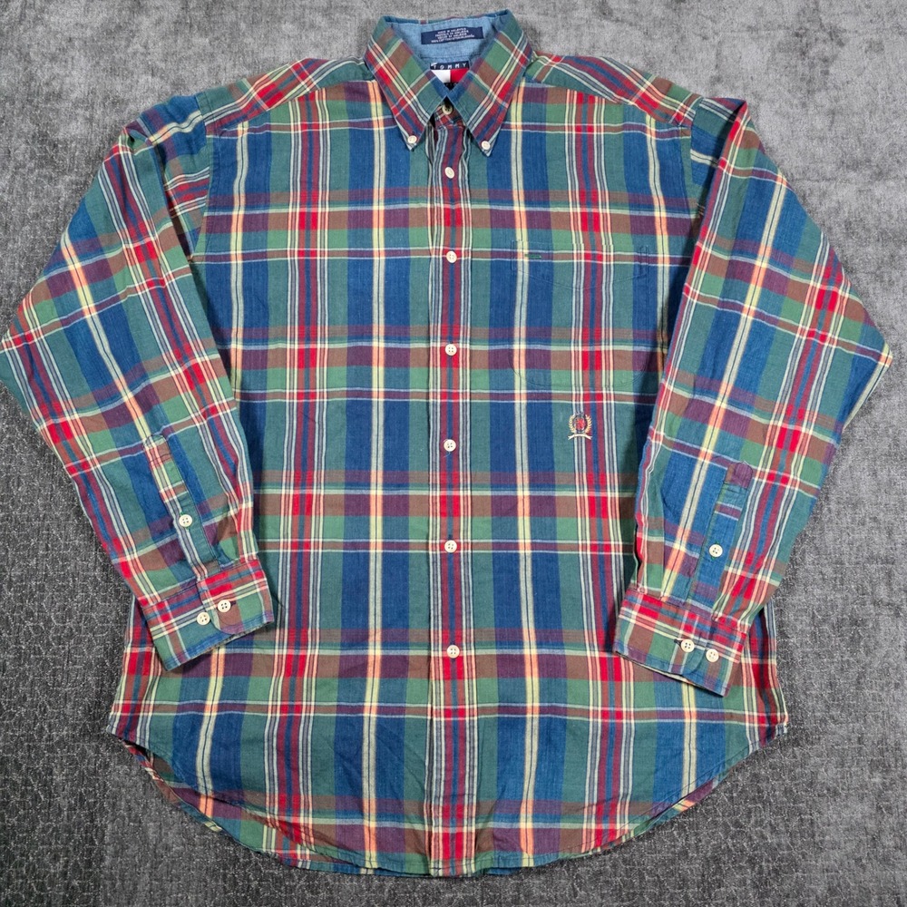 Vtg Tommy Hilfiger Mens Medium Plaid Button Down Shirt Multicolor Cotton Crest M